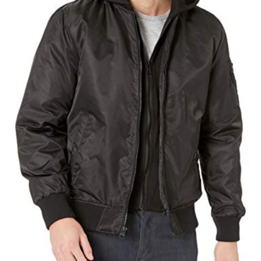 GUESS Men’s Hooded Bomber Varsity Jacket with Removable Hooded Inset